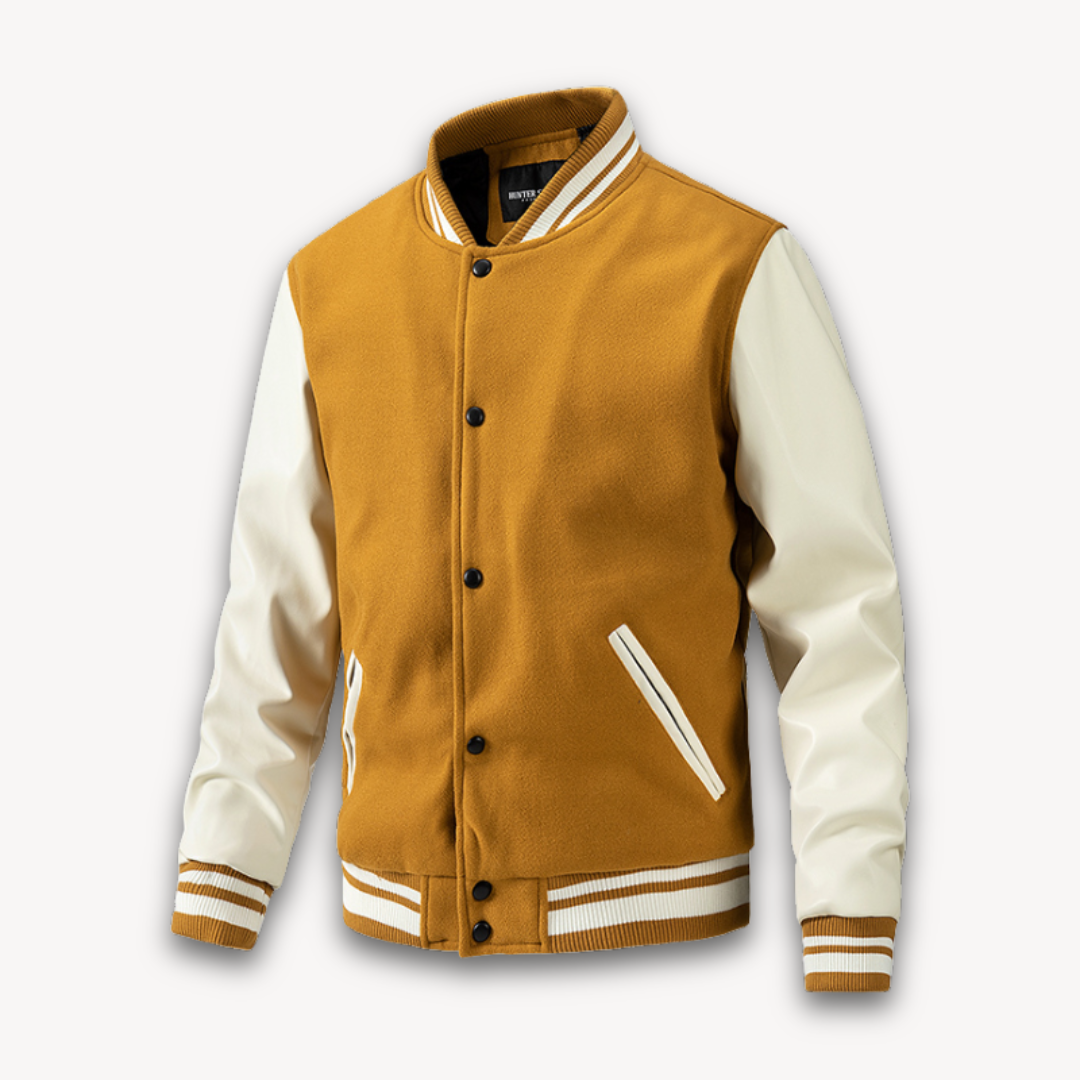 Veste universitaire homme – Coupe décontractée – Manches effet cuir – Boutons pression