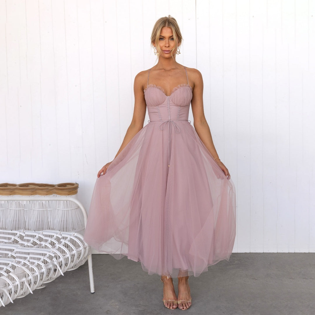 Robe Midi Femme - Bustier Ajusté - Décolleté Cœur - Tulle Fluide Élégant