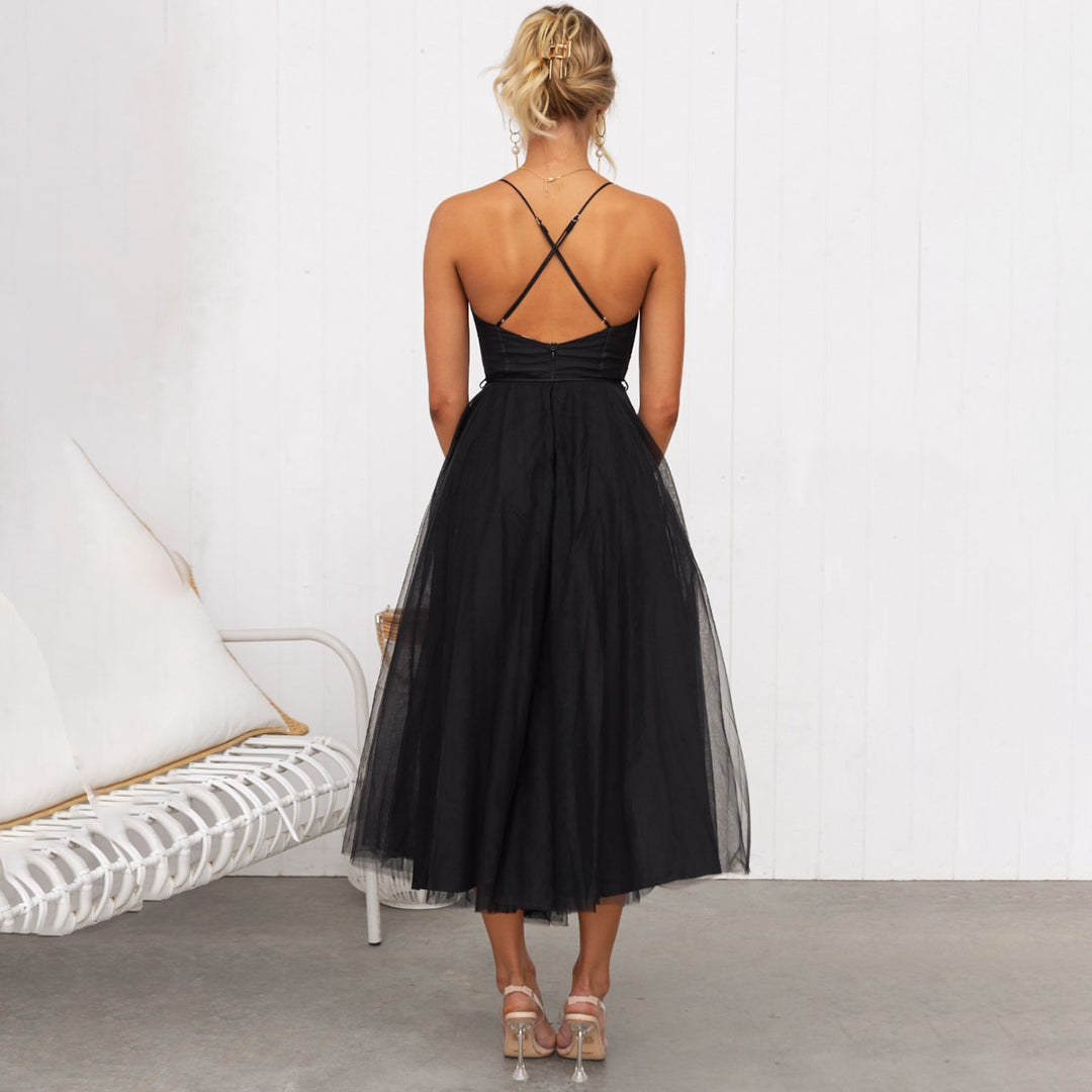 Robe Midi Femme - Bustier Élégant - Jupe Fluide en Tulle - Tenue de Soirée