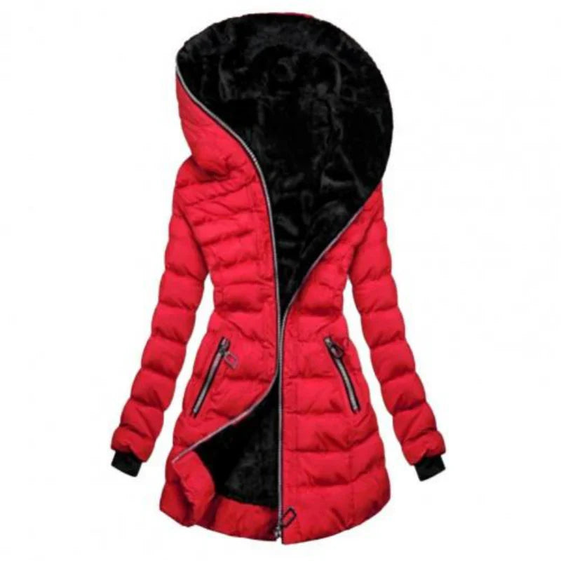 Veste matelassée femme – Coupe droite – Doublure chaude – Capuche – Longueur mi-cuisse