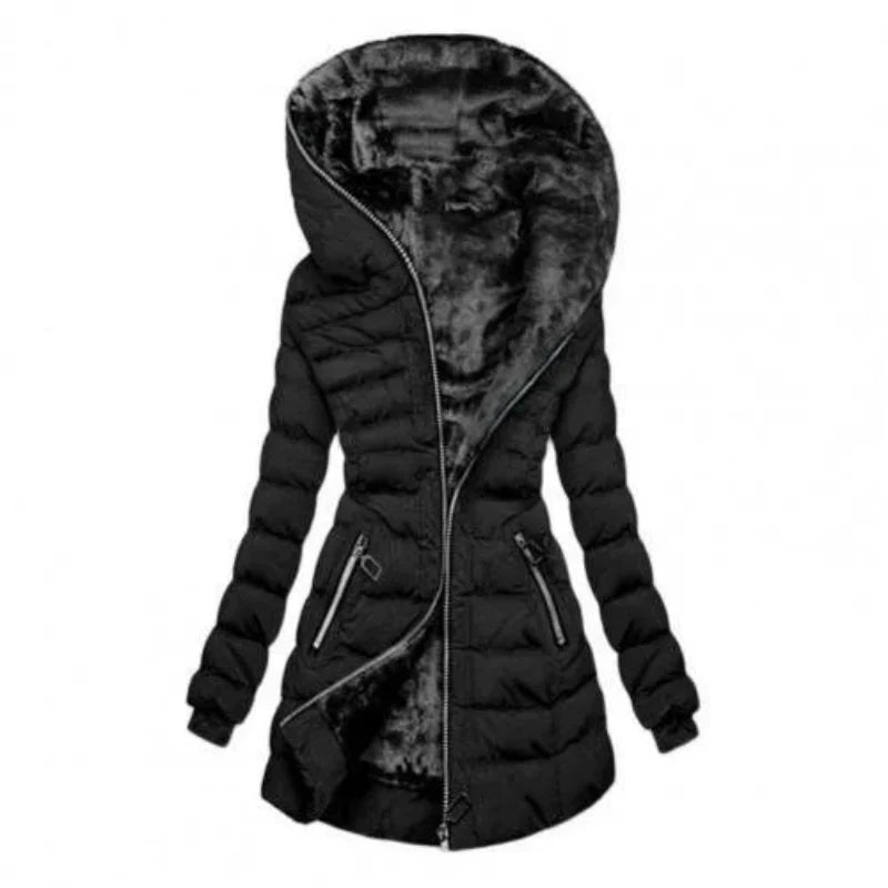 Veste matelassée femme – Coupe droite – Doublure chaude – Capuche – Longueur mi-cuisse