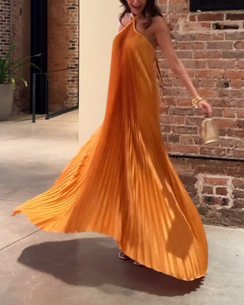 Robe Maxi Femme - Décolleté Halter Croisé - Tissu Plissé Élégant - Tenue de Soirée