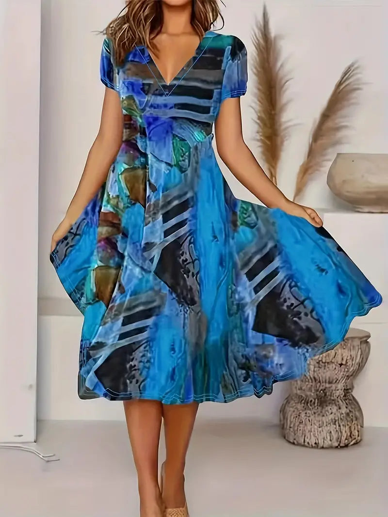 Robe Midi Femme - Imprimé Abstrait - Manches Courtes - Col V - Fluide et Élégante