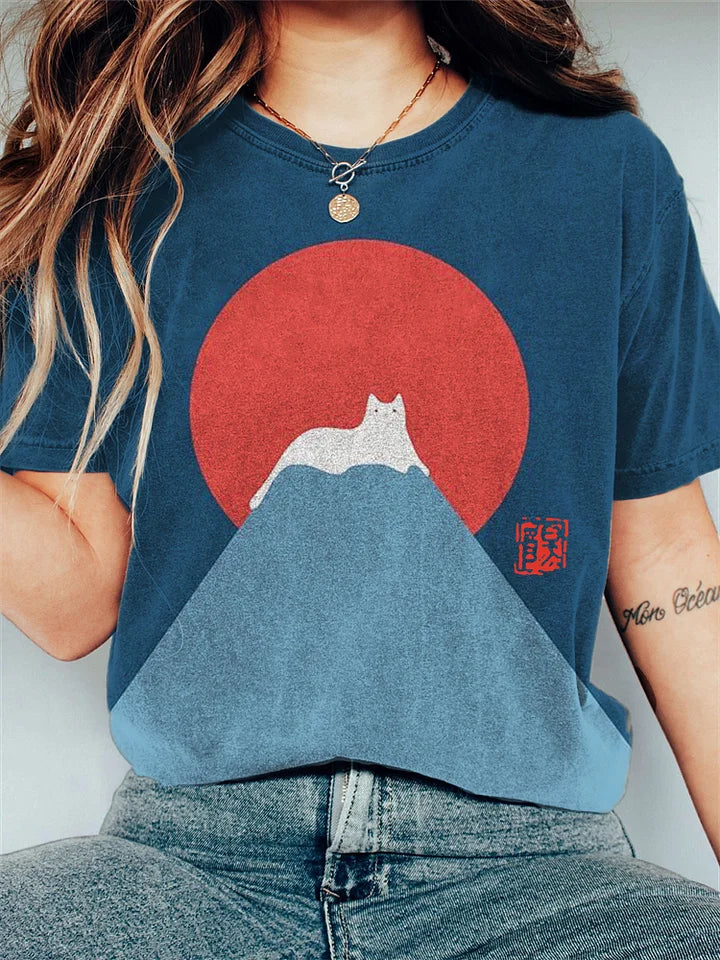 T-shirt Femme - Col Rond - Manches Courtes - Coupe Ample - Motif Chat Graphique
