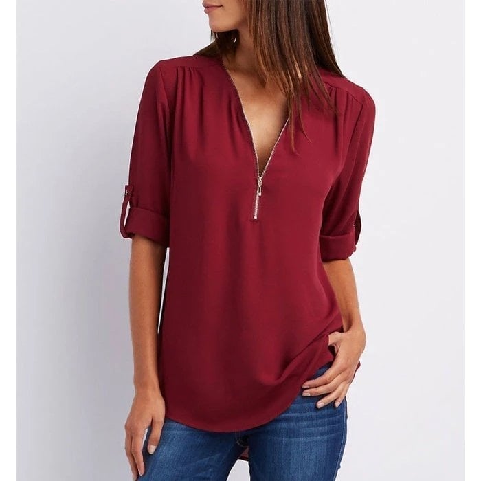 Blouse femme – Coupe ample – Tissu respirant – Demi-zip – Manches 3/4 retroussables