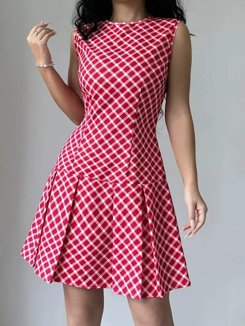 Robe Femme Sans Manches - Coupe Cintrée - Motif Carreaux - Jupe Évasée