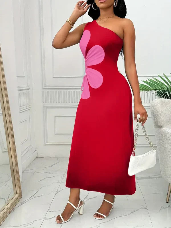 Robe Maxi Femme - Asymétrique Épaule Dénudée - Détail Fleur Découpé - Élégante et Fluide
