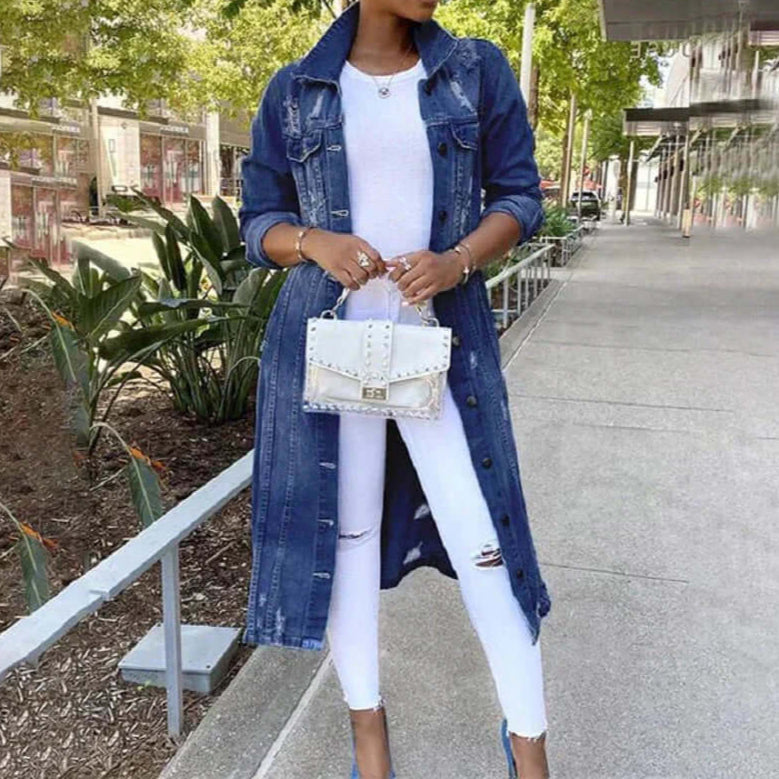 Manteau trench femme – Coupe droite décontractée – Denim – Détails usés – Longueur maxi