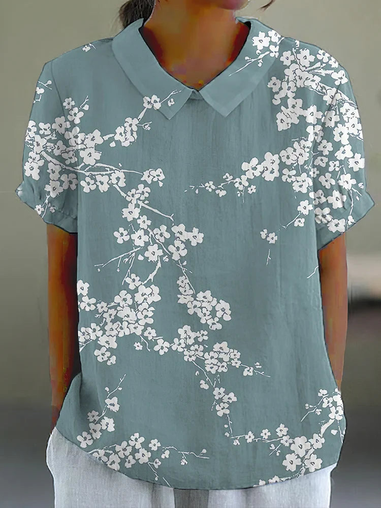 Blouse Femme - Imprimé Fleuri - Coupe Ample - Manches Courtes - Col Classique