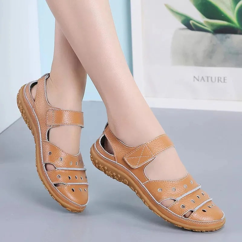 Sandales Femme - Bout Fermé - Cuir Respirant - Semelle Confort Antidérapante - Scratch Ajustable