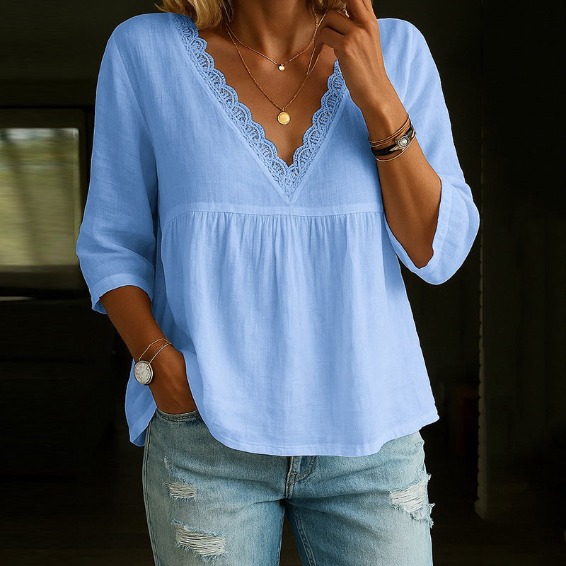 T-shirt femme col V – Fibres naturelles – Coupe décontractée – Manches 3/4 dentelle