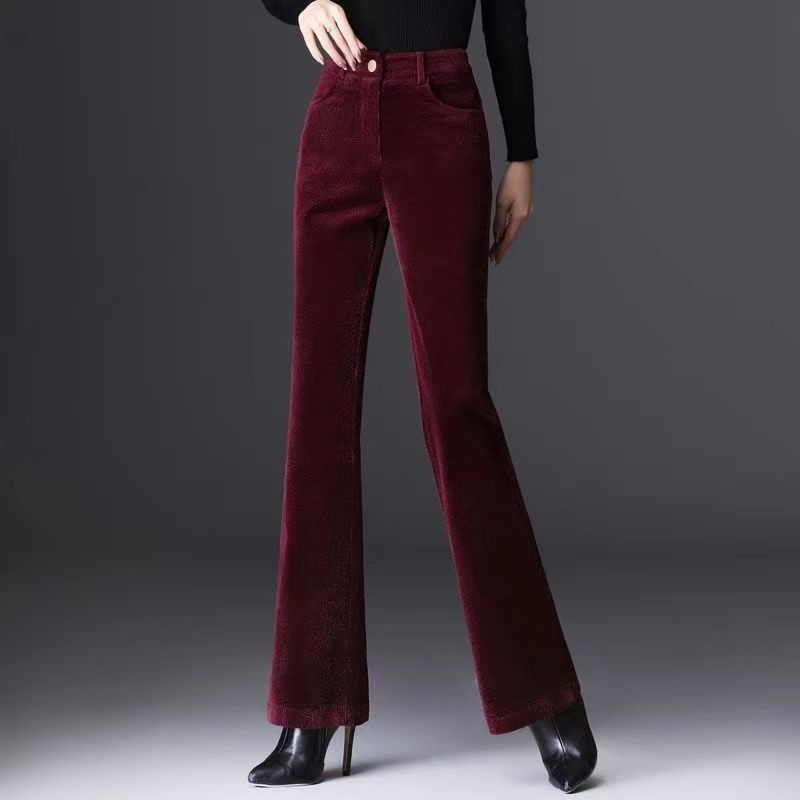 Femme Pantalon - Velours Côtelé - Taille Haute - Coupe Évasée - Longueur Complète