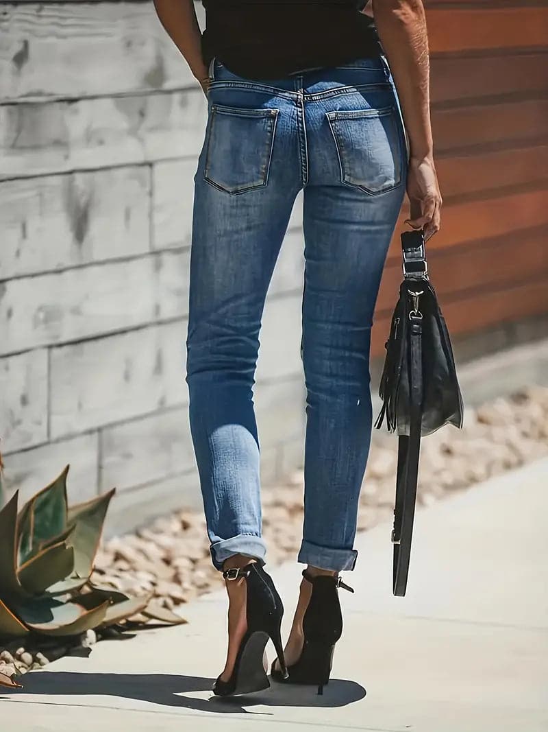 Jean Droit Femme - Taille Haute - Denim Stretch - Style Usé Confortable