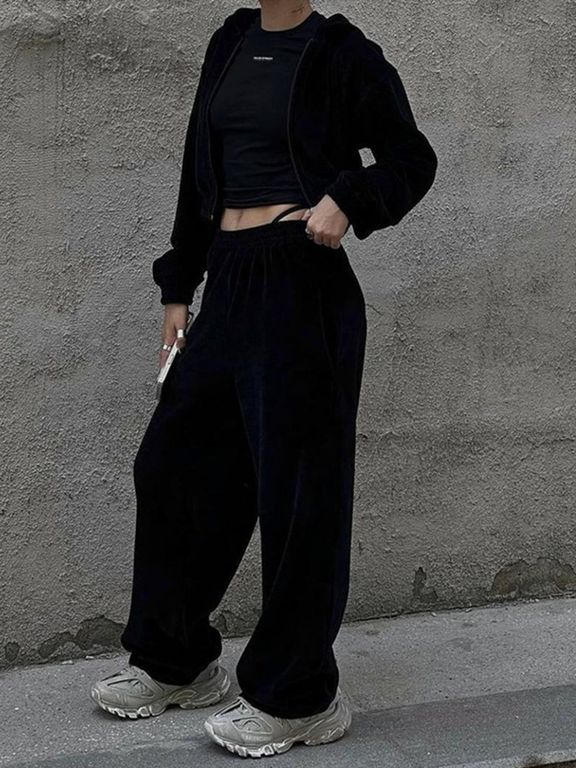 Ensemble de Jogging Femme - Veste Courte Zippée avec Capuche - Pantalon Taille Haute