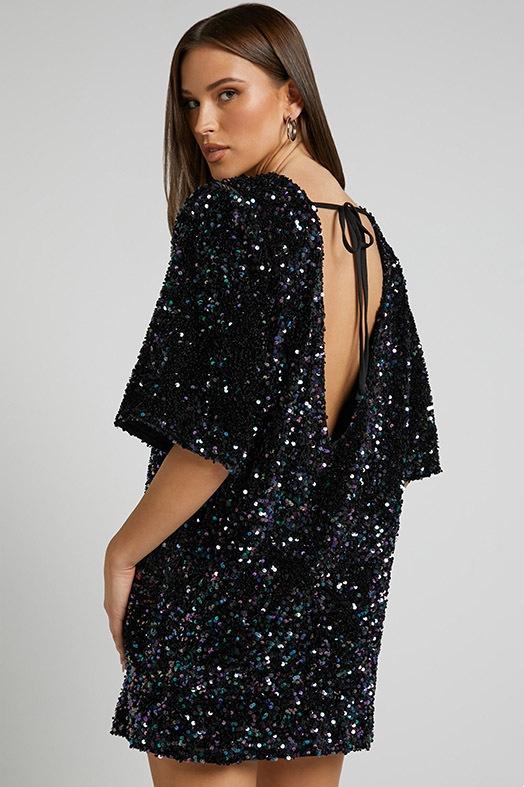 Robe mini femme – Coupe ample – Dos nu plongeant – Manches courtes – À sequins