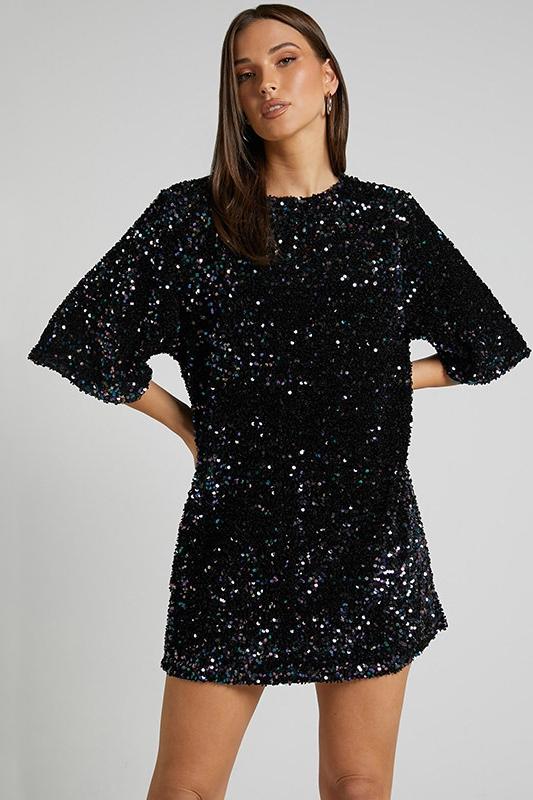 Robe mini femme – Coupe ample – Dos nu plongeant – Manches courtes – À sequins