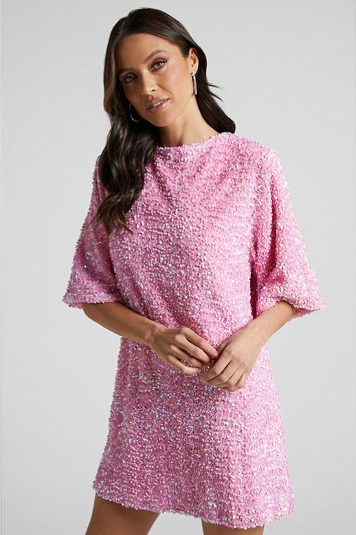 Robe mini femme – Coupe ample – Dos nu plongeant – Manches courtes – À sequins