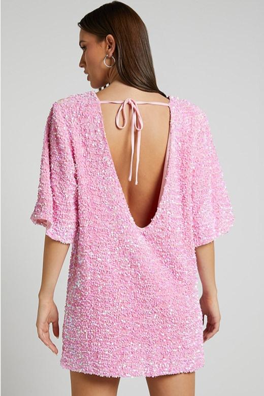 Robe mini femme – Coupe ample – Dos nu plongeant – Manches courtes – À sequins