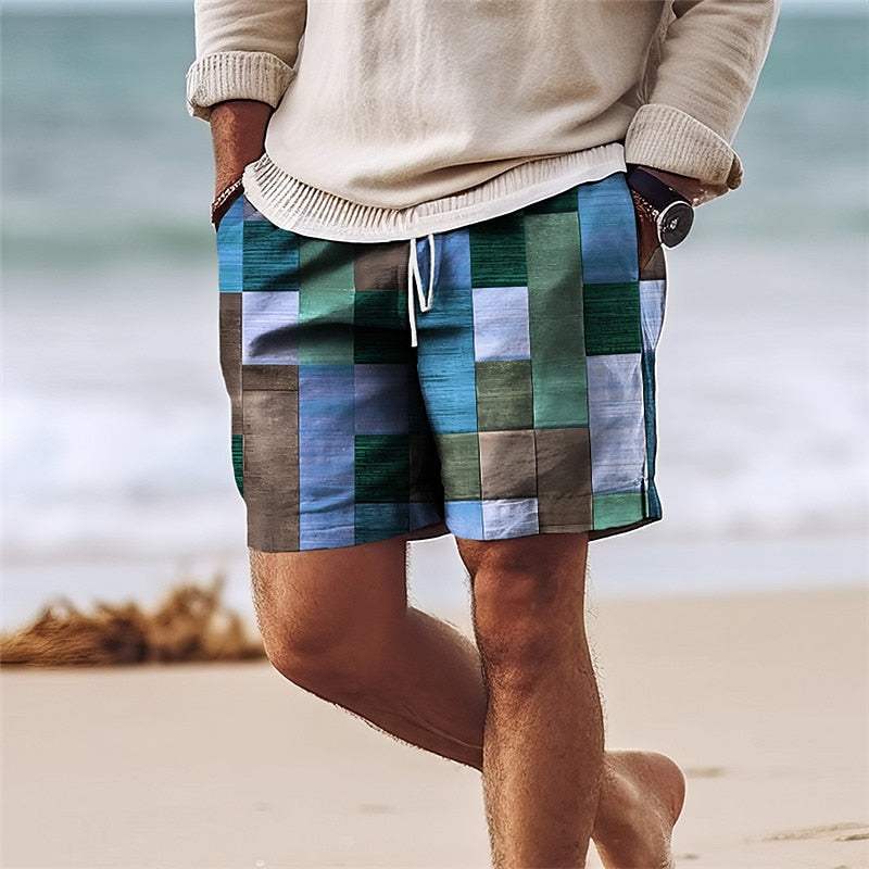 Short Homme - Coupe Décontractée - Motif Patchwork - Taille Cordon Ajustable