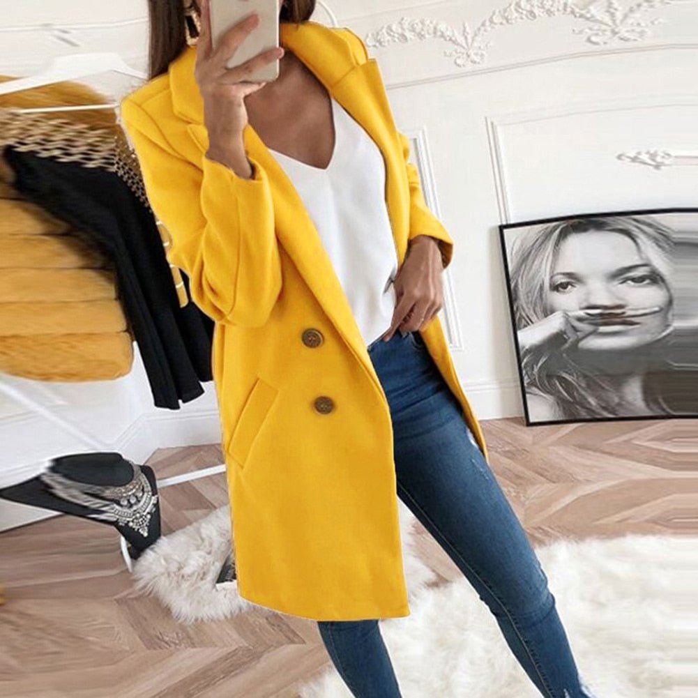 Veste blazer femme – Coupe structurée – Laine – Double boutonnage – Longueur genou