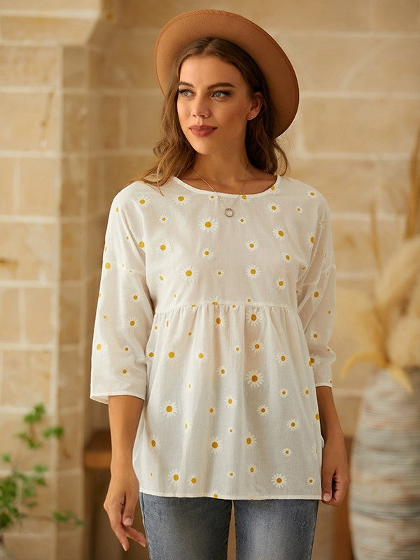 Top femme – Coupe décontractée – Manches courtes – Imprimé floral – Tissu respirant