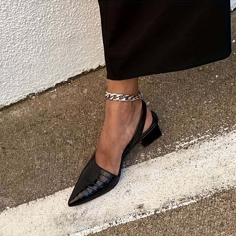 Sandales Slingback Femme - Talon Bloc Confort - Bout Pointu - Effet Cuir Croco