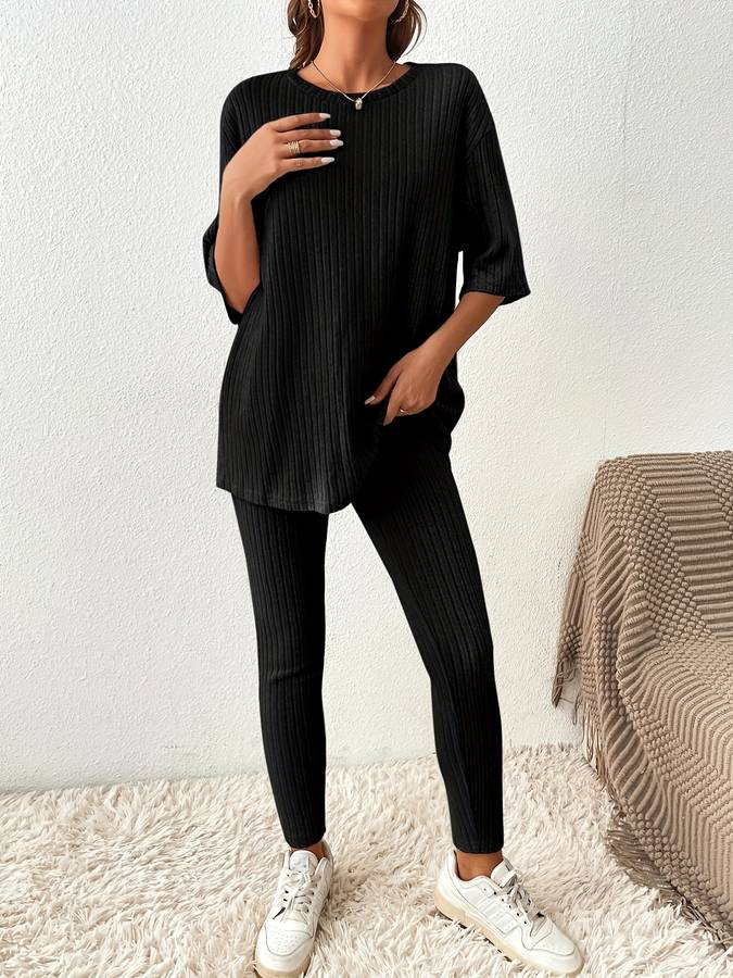 Ensemble Femme – Deux Pièces Côtelé – Haut Oversize Manches Courtes – Legging Taille Haute