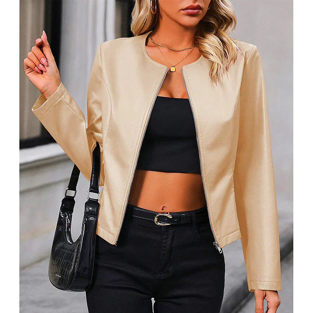 Veste biker femme – Coupe slim – Finition cuir lisse – Design minimaliste court