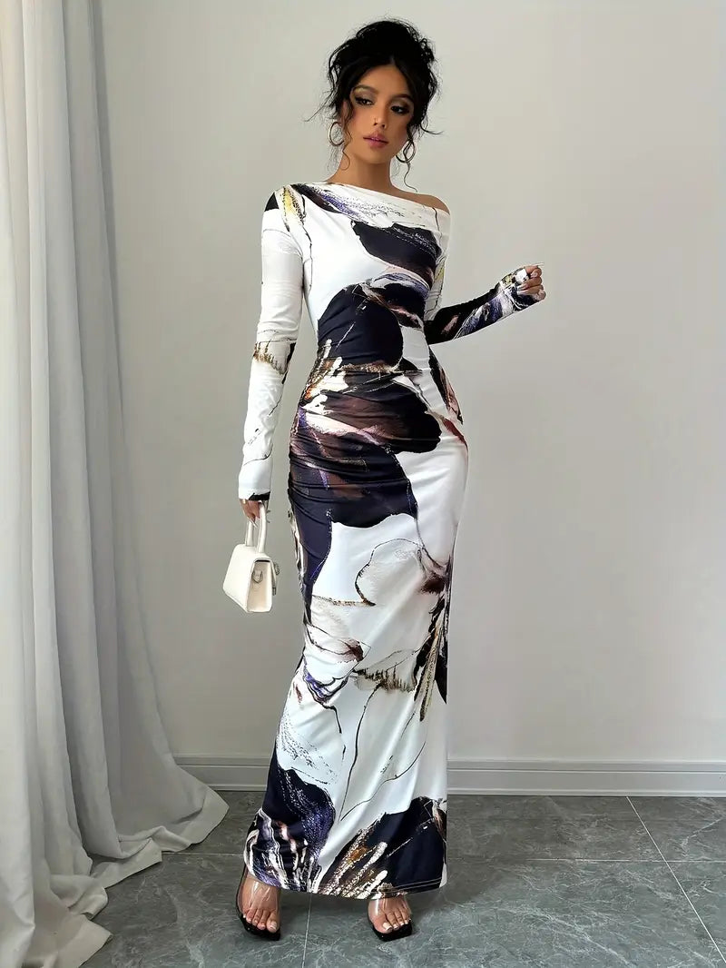 Robe Maxi Femme – Épaules Dénudées – Manches Longues – Coupe Ajustée – Imprimé Tendance