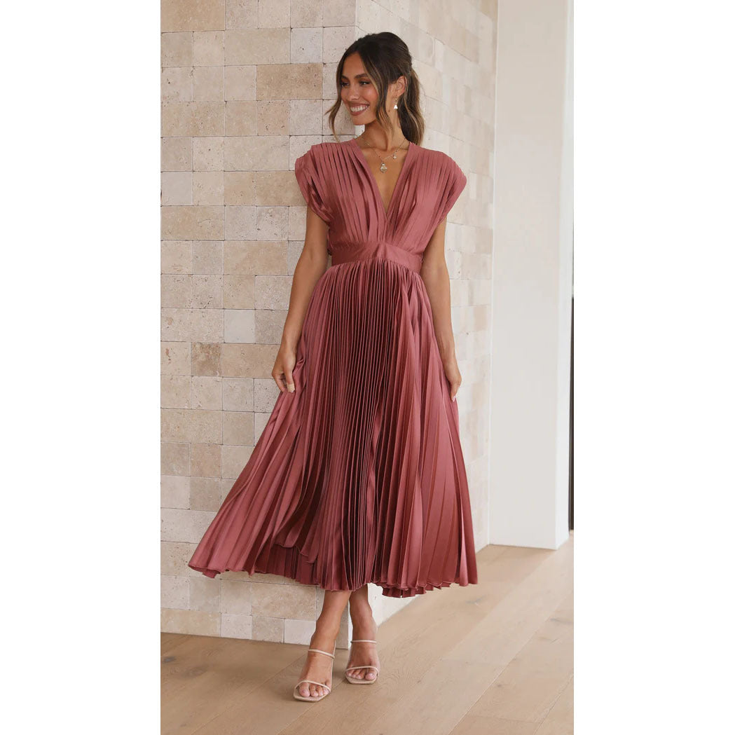 Robe Midi Femme - Sans Manches - Décolleté V - Plissée Élégante - Taille Cintrée