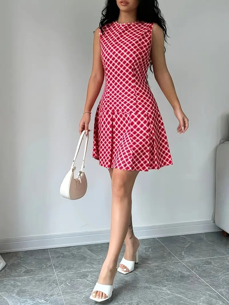 Robe Femme Sans Manches - Coupe Cintrée - Motif Carreaux - Jupe Évasée