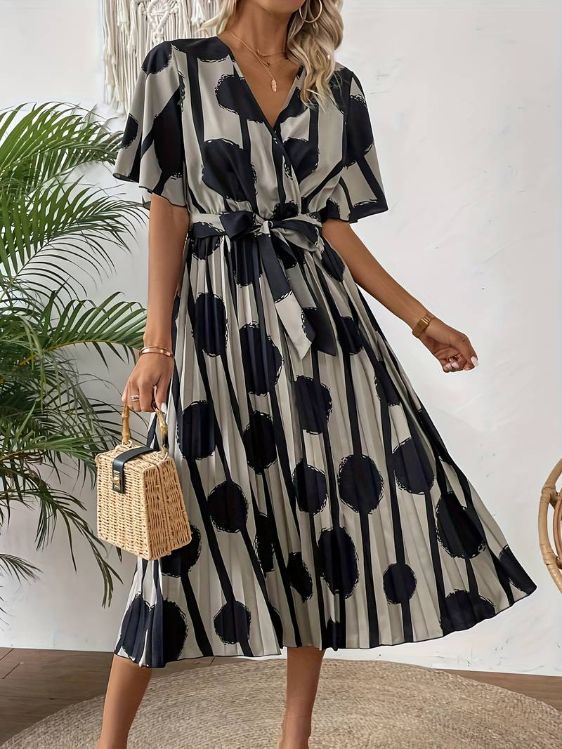 Robe Midi Femme - Cache-Cœur Élégant - Manches Courtes - Taille Ceinturée - Motif Moderne