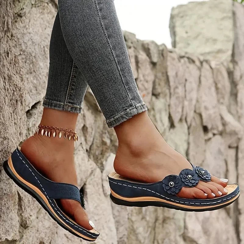 Sandales Femme - Bout Ouvert - Décor Fleur - Semelle Confort Légère