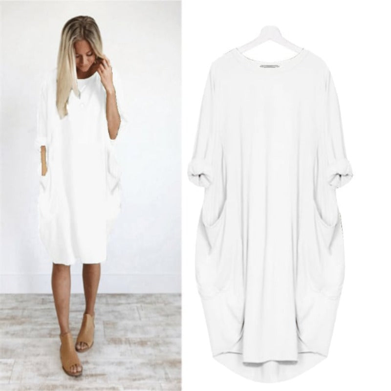 Robe midi femme – Coupe large – Tissu respirant – Col rond – Poches latérales