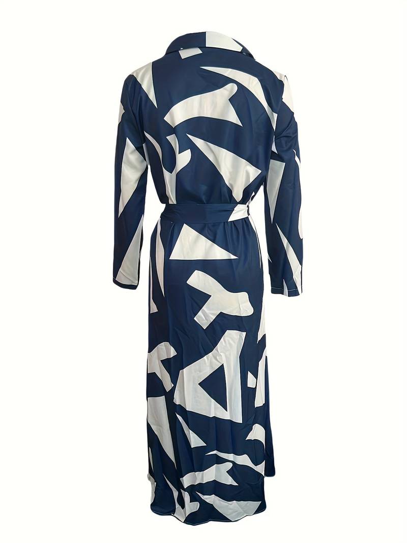 Robe Maxi Femme - Boutonnée - Manches 3/4 - Ceinturée - Motif Rayé - Col Chemise