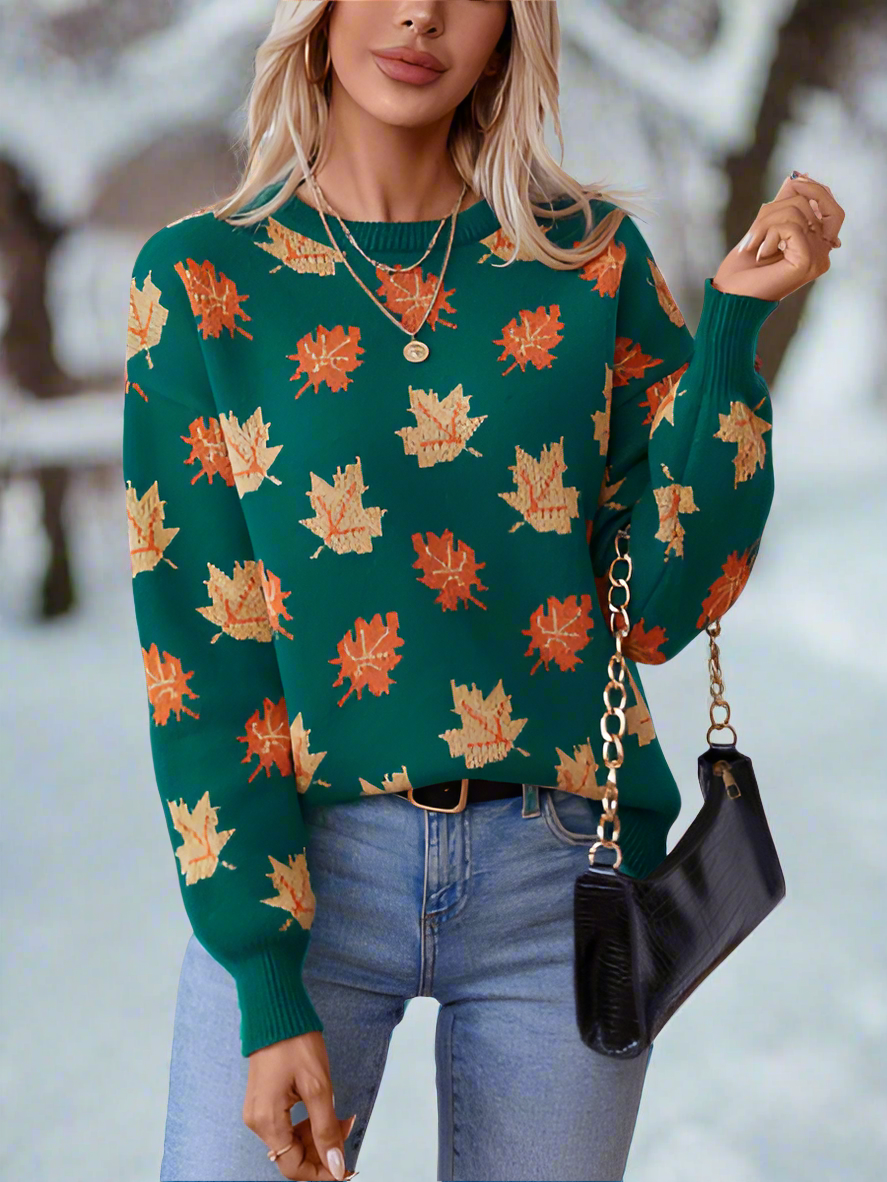 Pull d'automne confortable et chaud avec feuilles d'érable pour femme