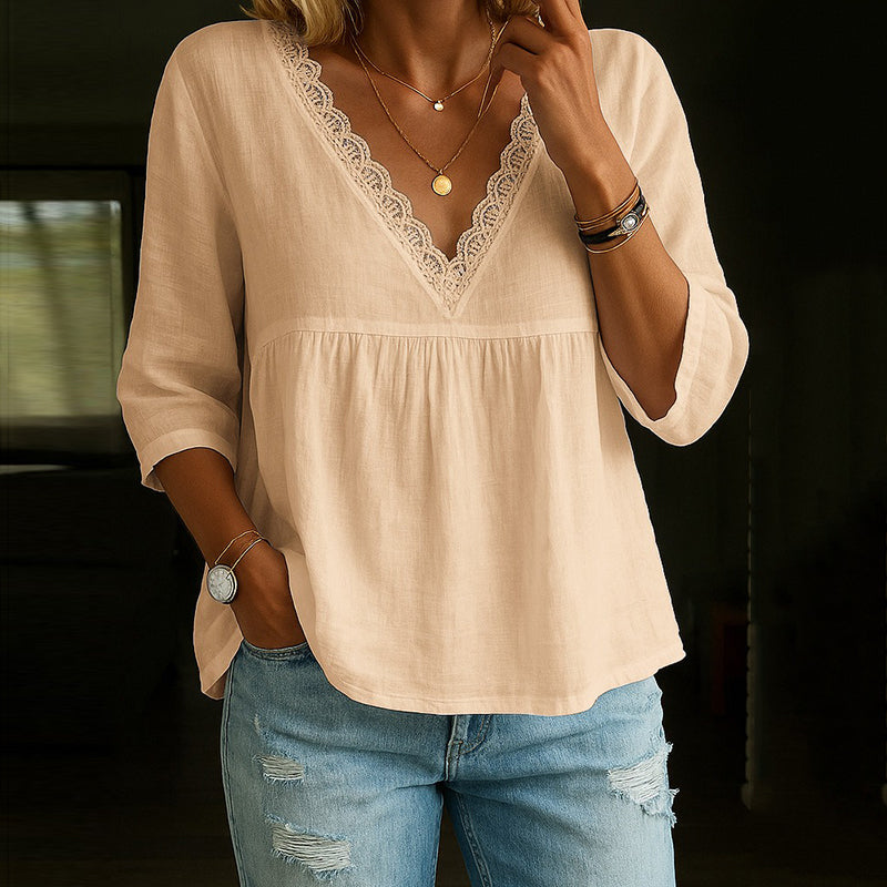 T-shirt femme col V – Fibres naturelles – Coupe décontractée – Manches 3/4 dentelle