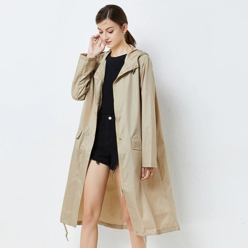 Veste imperméable femme – Coupe droite – Longue – Capuche – Poches à rabat