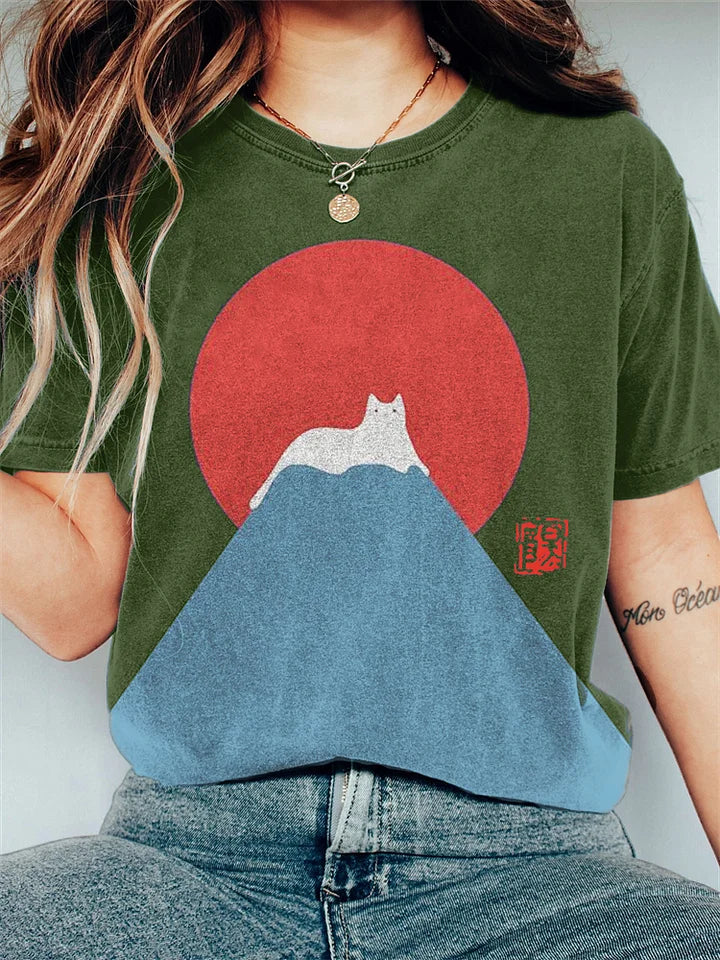 T-shirt Femme - Col Rond - Manches Courtes - Coupe Ample - Motif Chat Graphique