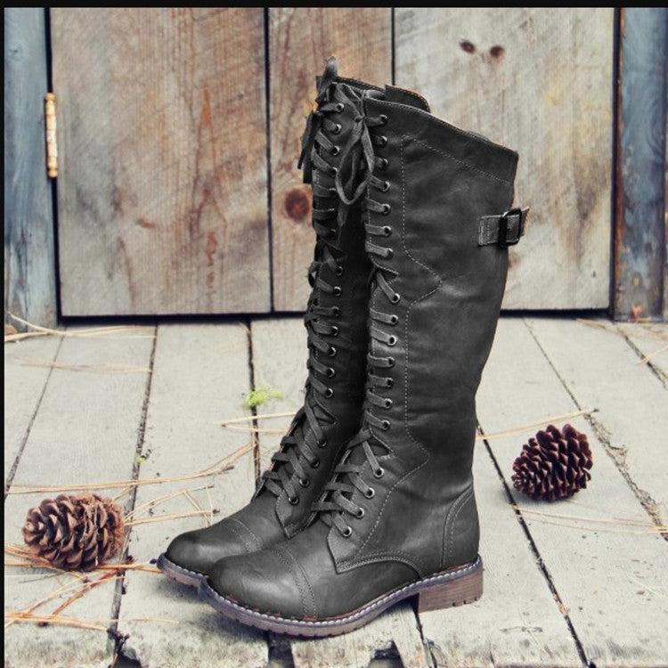 Bottes hautes femme - Cuir suédé - Lacets robustes - Semelle épaisse antidérapante