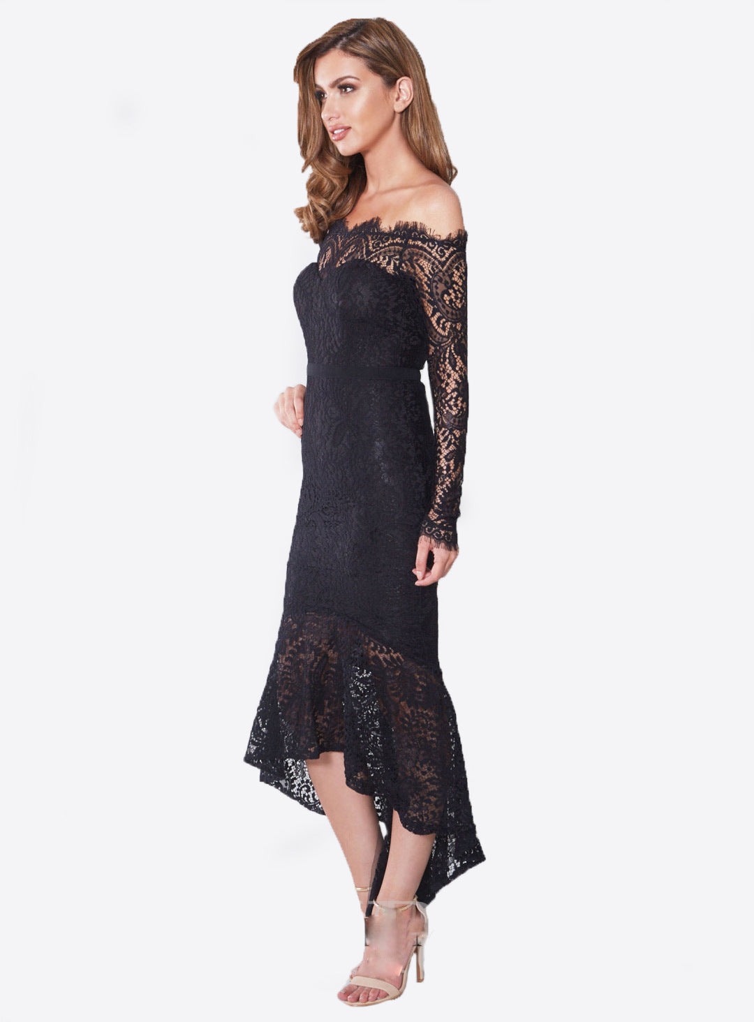 Elégante robe de soirée à manches longues en dentelle avec ourlet plongeant pour femmes