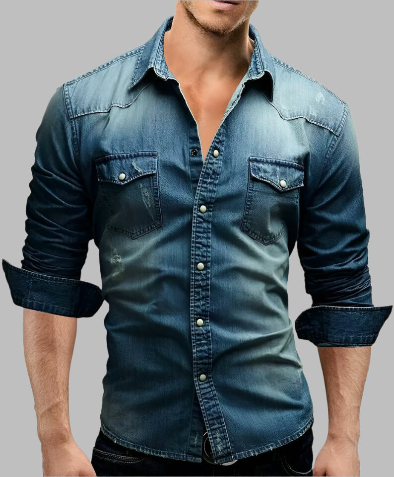 Chemise en Jean Homme - Coupe Slim - Col Classique - Manches Longues - Poches à Rabat