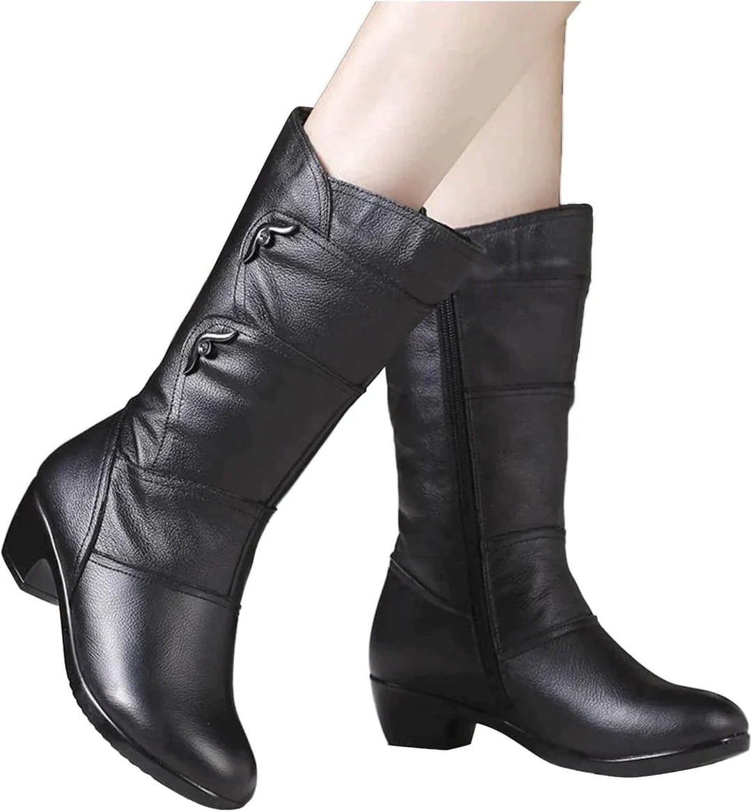 Bottes femme mi-mollet – Finition cuir lisse – Fermeture zippée – Talon bas confort