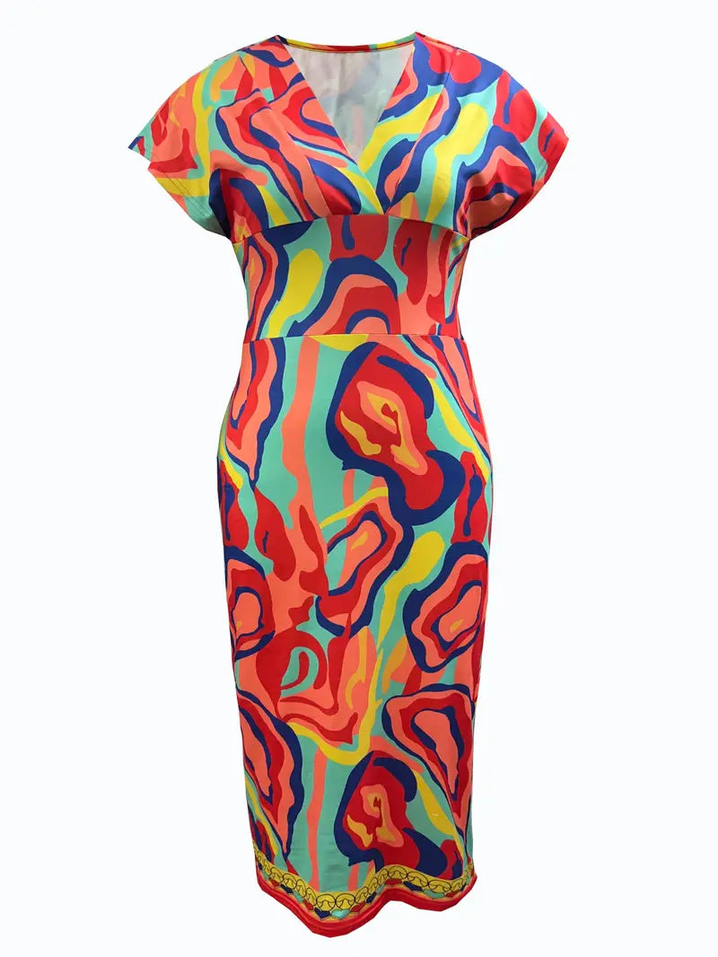 Robe Midi Femme - Cintrée Patchwork Denim - Manches Courtes Col V Chic