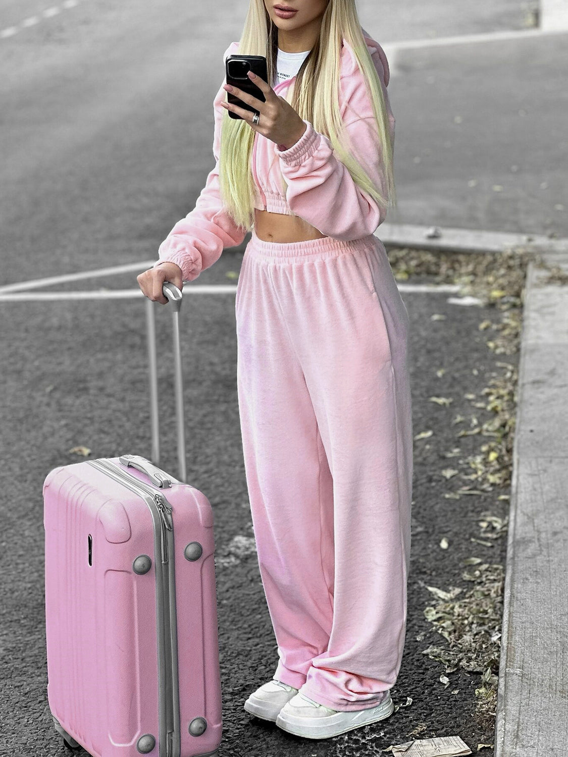 Ensemble de Jogging Femme - Veste Courte Zippée avec Capuche - Pantalon Taille Haute