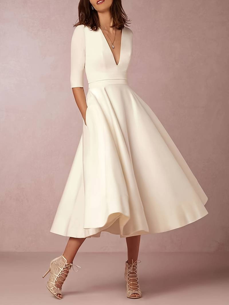 Robe midi femme – Tissu satiné – Coupe cintrée – Jupe évasée – Col en V – Manches 3/4