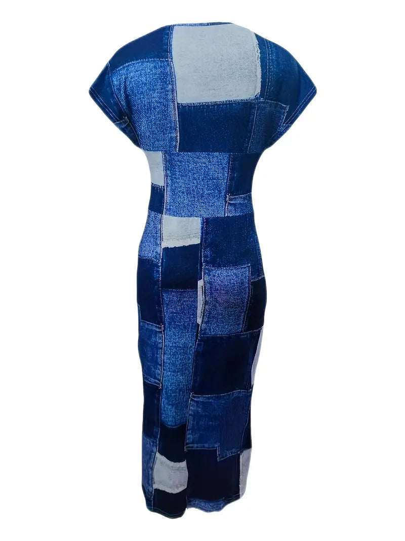 Robe Midi Femme - Cintrée Patchwork Denim - Manches Courtes Col V Chic
