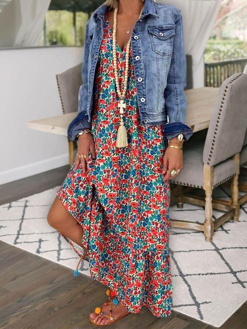 Robe Longue Femme - Coupe Fluide - Imprimé Fleuri - Décolleté V Élégant