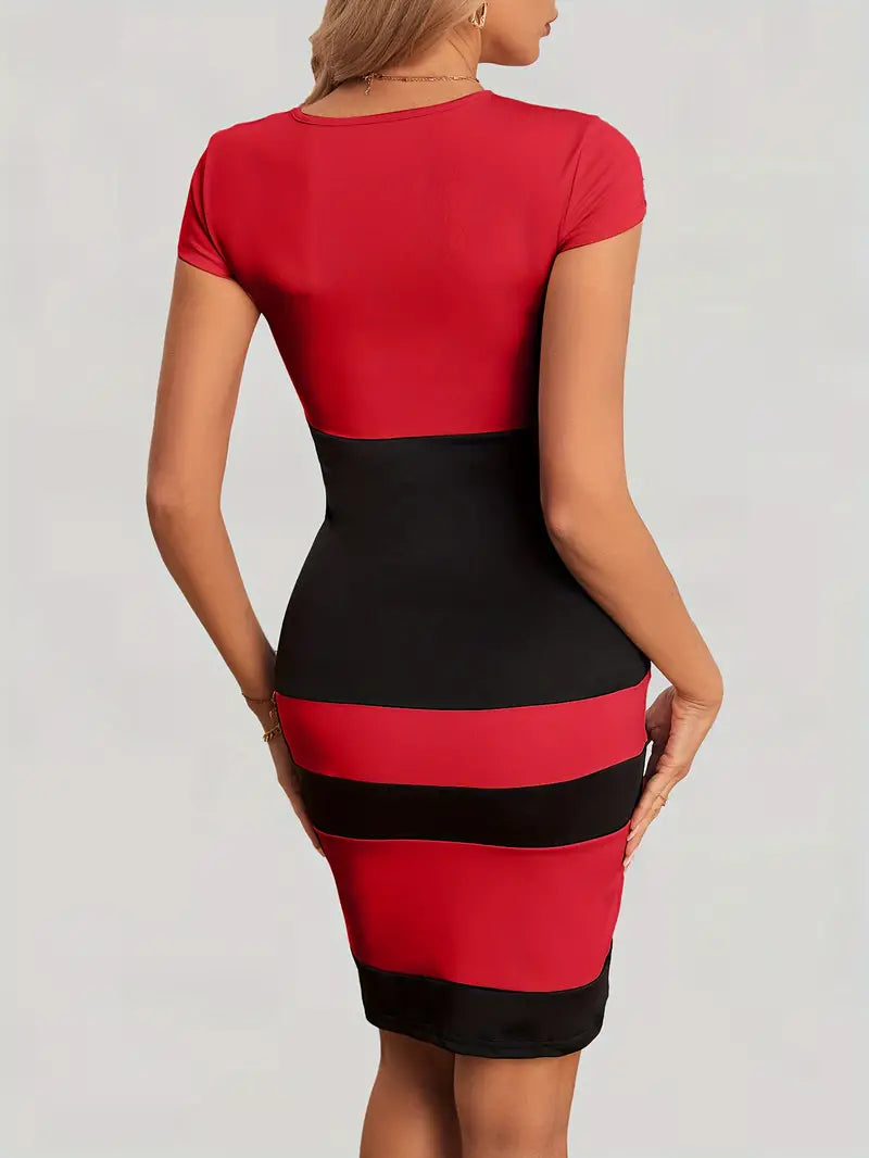 Robe Moulante Femme - Manches Courtes - Col Rond - Motif Color Block - Longueur Genou