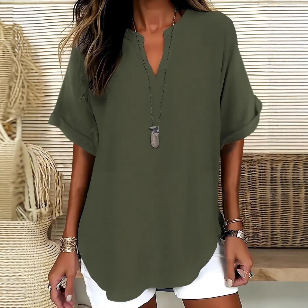 Blouse femme – Coupe décontractée – Manches courtes – Col en V – Fibres naturelles
